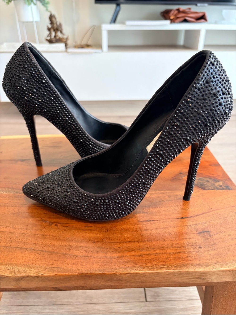 Steve Madden Black Crystal-Studded Pointed Toe Stiletto Pumps
